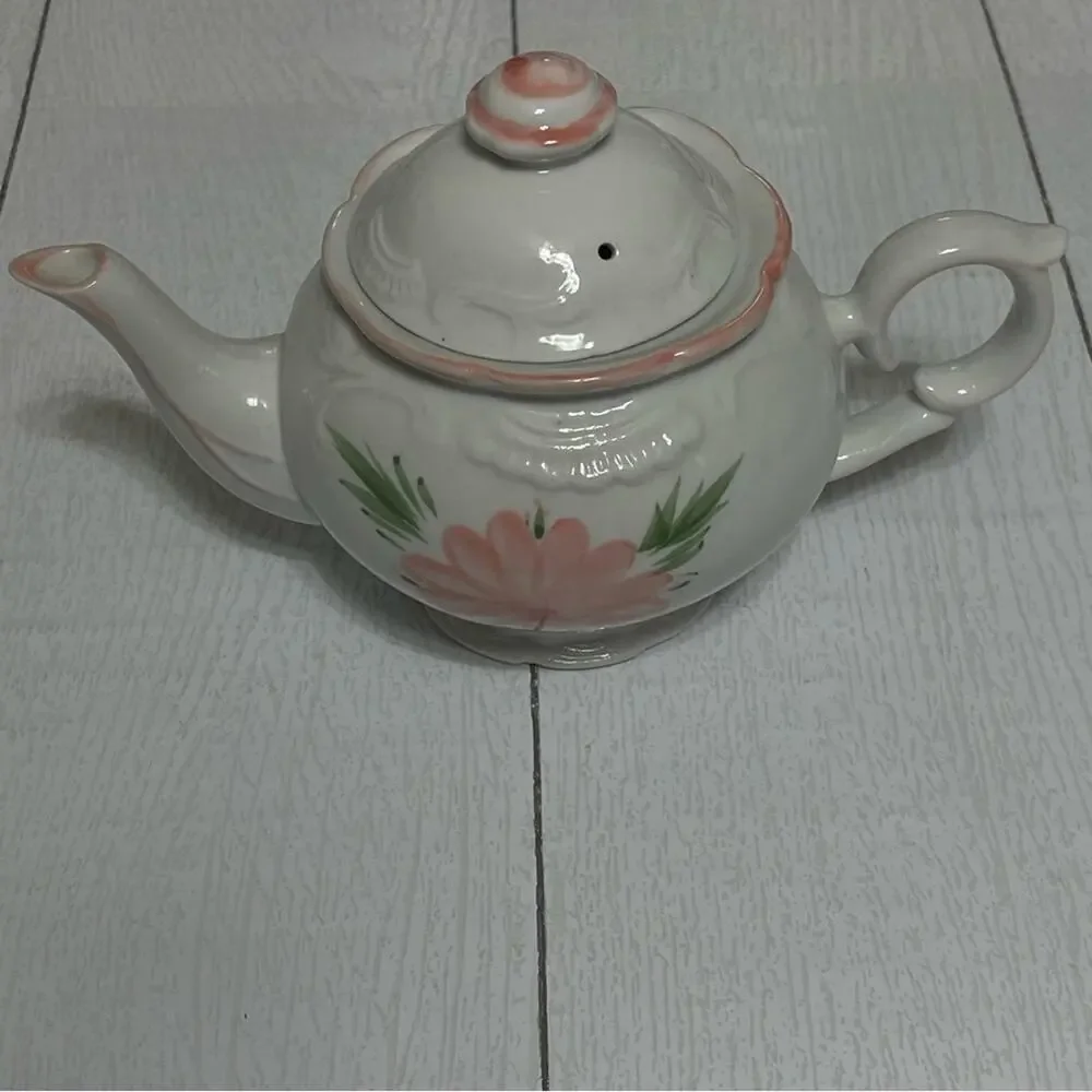 Vintage Pink Floral Teapot White Ceramic Cottage Decor